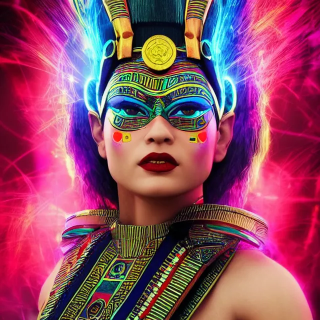 Prompt: a female egyptian / aztecian punk / raver using her mutant electrical powers trending on artstation deviantart pinterest hyper detailed photorealistic highlights and shadow hd 8 k post - processing high resolution