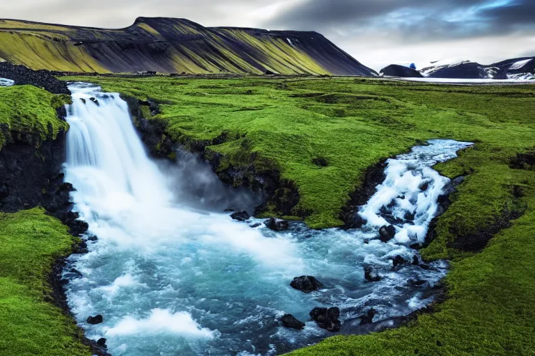 Prompt: photo of a landscape with mountains with waterfalls and snow on top, wallpaper, very wide shot, iceland, new zeeland, green flush moss, professional landscape photography, sunny, day time, beautiful