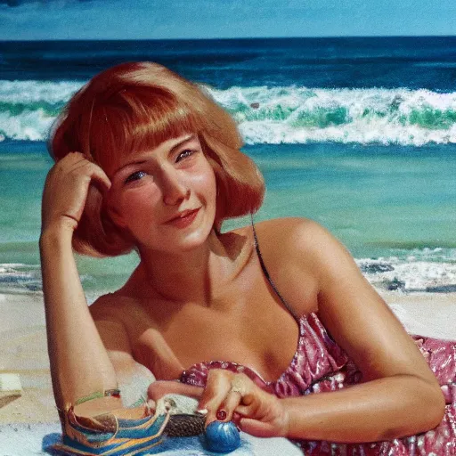 Prompt: A young Judi Bowker relaxing at a beach::highly detailed and intricate, sharp image