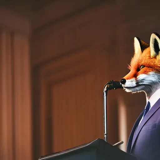 Image similar to a fox animal dressed in a suit giving a presidential speech, 8 5 mm f / 1. 4