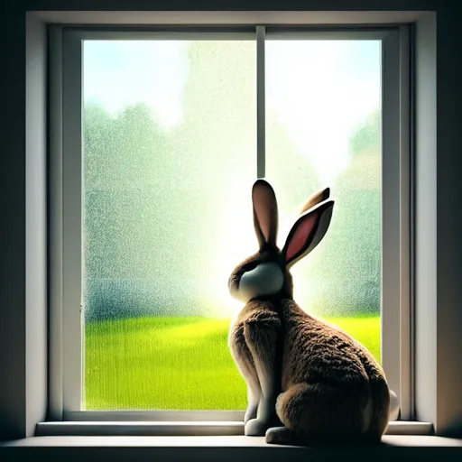 Prompt: beautiful peaceful dreamy painting of a big bunny sitting by a window and looking outside, sunshine coming through the window, small plants on the window sill, 8k, hyper realism, trending on artstation, octane render