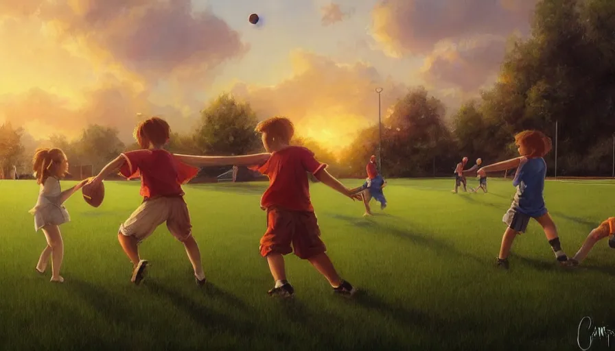 Image similar to beautiful painting of backyard football field with a pair of playing children during sunset, wide shot, digital painting, intricate details, trending on artstation, concept art, octane render, realistic, highly detailed, smooth, sharp focus, beautiful, 4 k, 8 k, hd, art by charlie bowater and artgerm and greg rutkowski