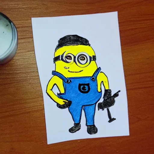 Prompt: a childs drawing of a minion holding a revolver