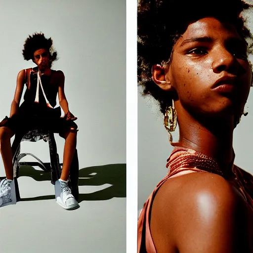 Image similar to realistic photoshooting for a new ssense!!! lookbook, color film photography, photo of a woman, photo in style of tyler mitchell, 3 5 mm, featured on vogue