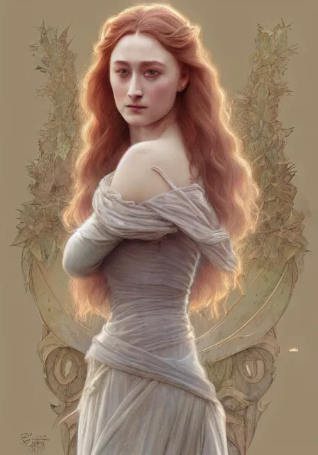 Image similar to sansa saoirse ronan, intricate, elegant, highly detailed, digital painting, artstation, concept art, smooth, sharp focus, illustration, art by artgerm and greg rutkowski and alphonse mucha and william - adolphe bouguereau