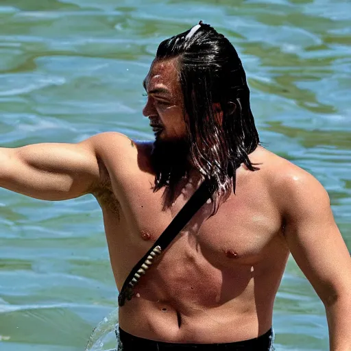 Prompt: ancient Japanese warrior wear swimsuit as Leonardo DiCaprio