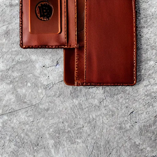 Prompt: fine leather bitcoin wallet, studio photography