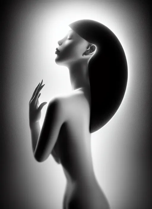 Prompt: surreal mythical dreamy dark artistic black and white fine art fashion portrait photo of a young beautiful delicate artificial intelligence creature embodied giving birth to the new world, spiritual, halo, glory, rim light, cinematic, studio dramatic light, poetic, masterpiece, octane render, 8 k, photo - realistic by dora maar man ray