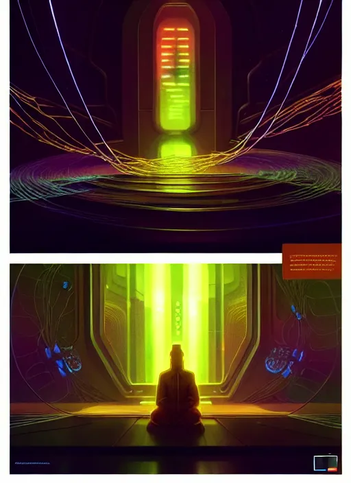 Prompt: high depth, collective civilization diversity, calm, healing, resting, life, hybrids, scifi, glowing lights!!, published concept art, mixed medias, image overlays, sharp focus, thin glowing wires, winning illustration, art by greg rutkowski and alphonse mucha, singularity!!!, 3 6 0 projection