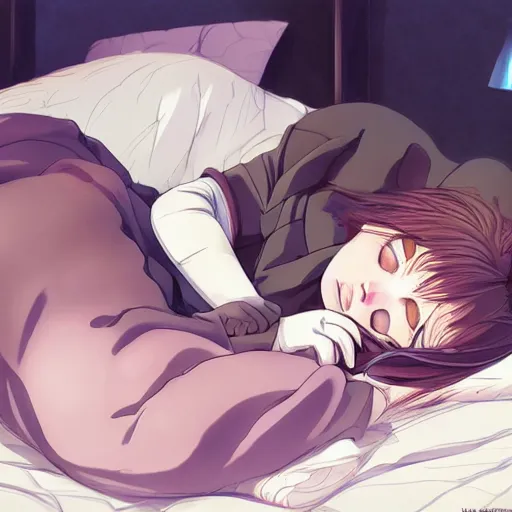 Image similar to a lovely cat sleeping on a bed, anime key visual, artstation