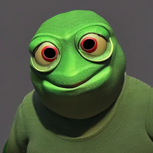 Prompt: a sadge - sad - pepe - the - frog, looking more depressed than usual, quivering lips, fists in the air, sweat flying, cgi render, zbrush, octane, keyshot render