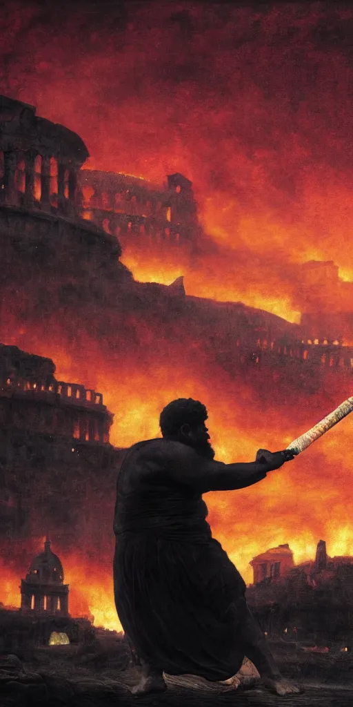 Prompt: black silhouette realistic painting of roman emperor nero as a dwarf playing the flute while roman structures are on fire in background, hyper realistic, 8 k resolution, roman amphitheater and skyline of ancient rome is on fire, red skies, smoke billows over the horizon, cans of spinach are falling from space