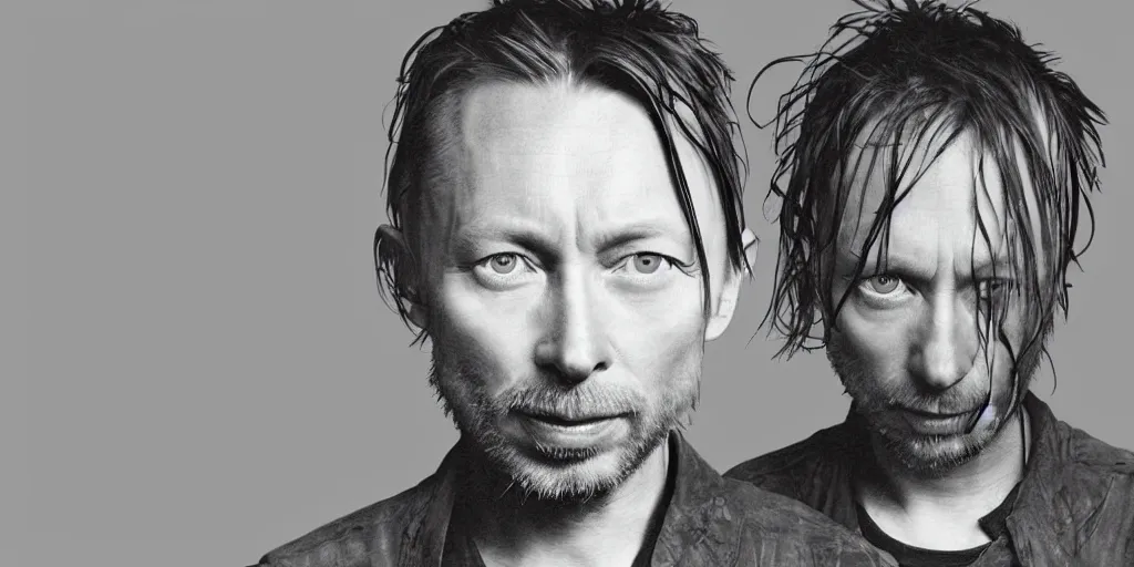 Image similar to photograph of print of thom yorke picture on a table, hyper realistic, variations of thom yorke, high quality photograph, mixed styles, intricate details, trees, diverse colors, deep emotional impact, very wide angle