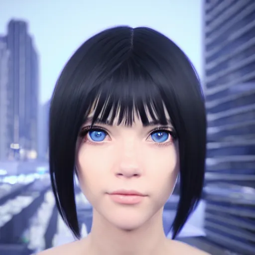 Image similar to « portrait, attractive, blue eyes, black hair, middle length hair, ghost in the shell, front view, unreal engine 5 »