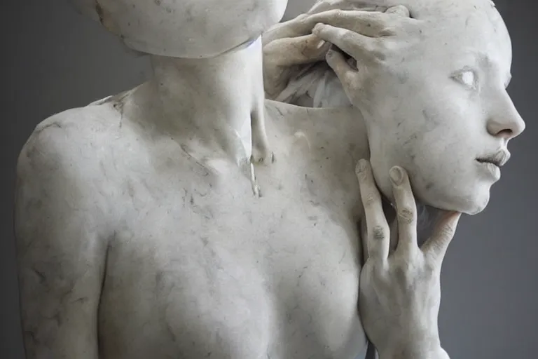 Image similar to a sculpture of a beautiful woman sitting on a chair, a white marble sculpture covered with floating wax by nicola samori, behance, neo - expressionism, marble sculpture, apocalypse art, made of mist