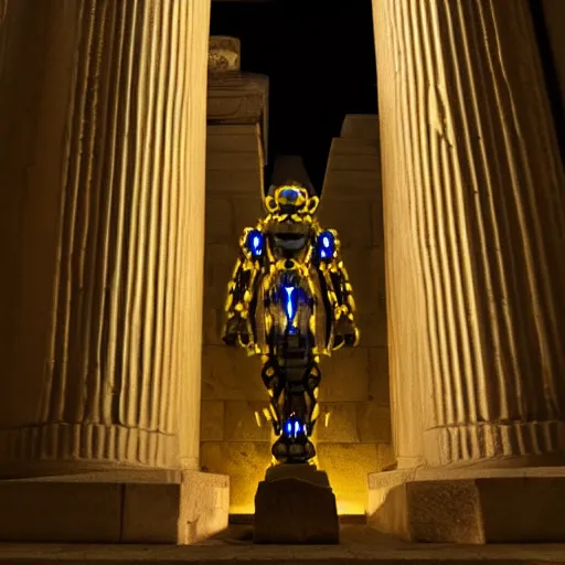 Image similar to long shot of mecha in Greek Temple, bioluminescence