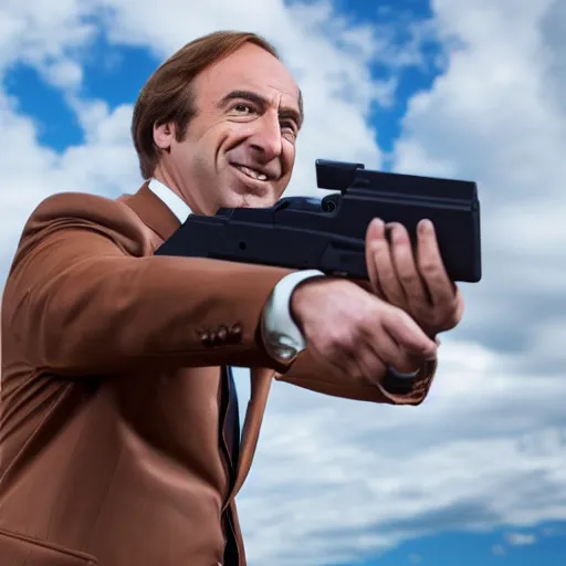 Image similar to a medium shot photo of saul goodman extremely happy to have a pistol in his hand,8k, DSLR, highly detailed skin, highly detailed hands