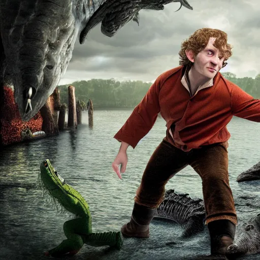 Prompt: a photograph of bilbo baggings wrestling a crocodile high detailed 4 k