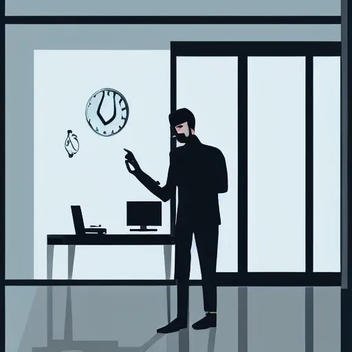 Prompt: a tired man with glasses in an office in front of a computer from distance silhouette, professional digital illustration, best of behance 8 k,
