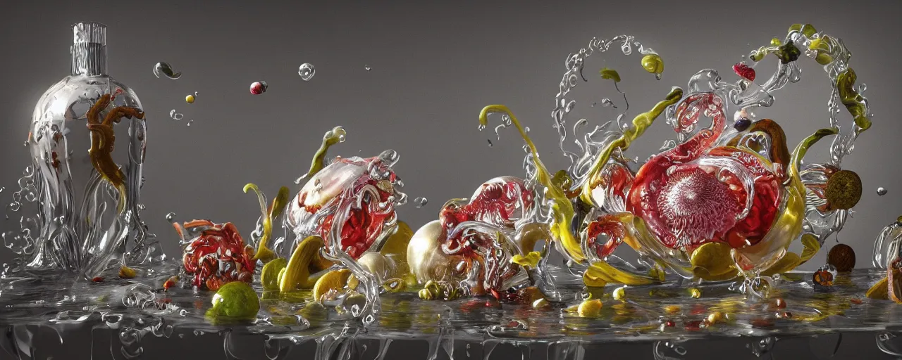 Image similar to ultradetailed photorealistic still life with jelly flowers by ernst haeckel, caravaggio, roger dean and andrei tarkovsky, slime and tentacles, wide angle, minimalistic cinematic composition, octane render, bokeh, unreal engine, 4k 3d render