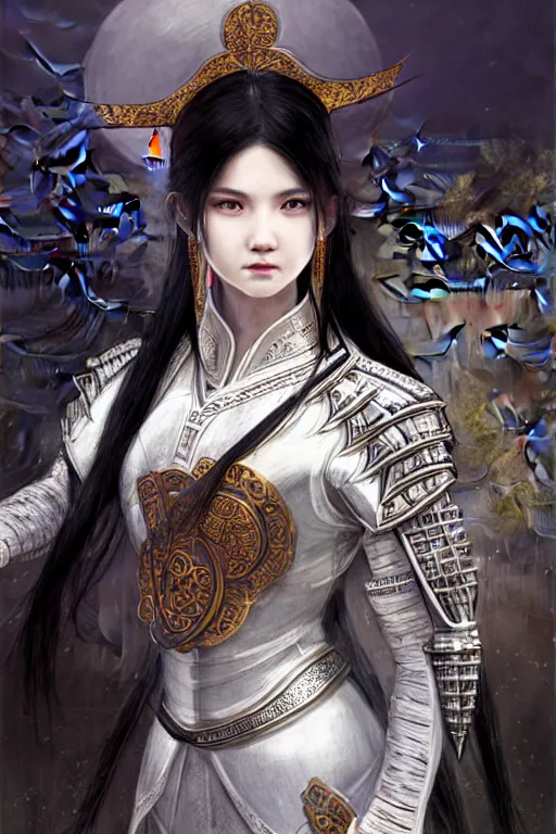 Image similar to portrait black hair young knights of Dynasty Warriors girl, matt white color armor, in ruin chinese temple rooftop moon light night, ssci-fi and fantasy, intricate and very beautiful and elegant, highly detailed, digital painting, soft light, artstation, concept art, smooth and sharp focus, illustration, art by tian zi and WLOP and alphonse mucha