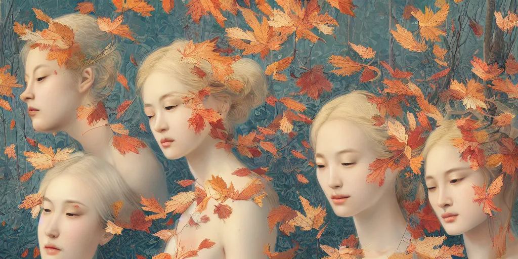 Image similar to breathtaking detailed concept art painting pattern of blonde faces goddesses amalgamation autumn leaves with anxious piercing eyes and blend of flowers and birds, by hsiao - ron cheng and john james audubon, bizarre compositions, exquisite detail, extremely moody lighting, 8 k