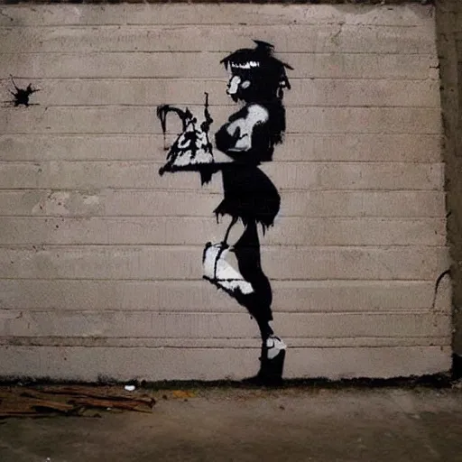 Prompt: abstract rough rugged graffiti art of a pinup woman design by banksy