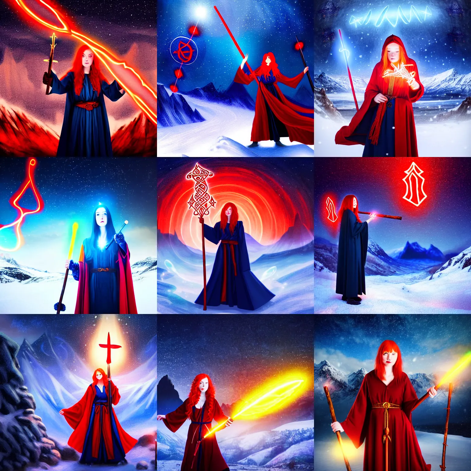 Prompt: red headed woman dressed in dark blue wizard robes holding a wooden staff covered in glowing red runes topped with a glowing gem. background of snowy mountains. fantasy painting.