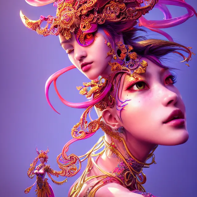 Image similar to studio portrait of colorful female divine mech dancer as absurdly beautiful, elegant, young sensual gravure idol, ultrafine hyperrealistic detailed face illustration by kim jung gi, irakli nadar, intricate linework, sharp focus, bright colors, matte, octopath traveler, final fantasy, unreal engine highly rendered, global illumination, radiant light, intricate environment