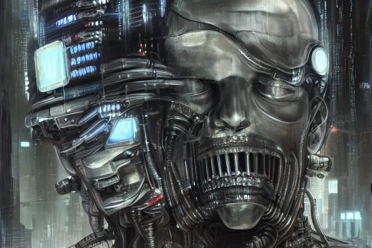 Prompt: an extremely high quality hd, a digital painting of a man's face surrounded by mechanical parts, cyberpunk art by h. r. ( hans ruedi ) giger, featured on cgsociety, afrofuturism, circuitry, tesseract, dystopian art, 8 k, ultra realistic, very realistic