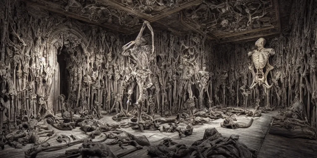 Image similar to a big room in a museum of skeletons, photorealistic, highly detailed, texture, gustave dore, 3 d sculpture, soft light, dramatic, moody, scary, ambient, hall,