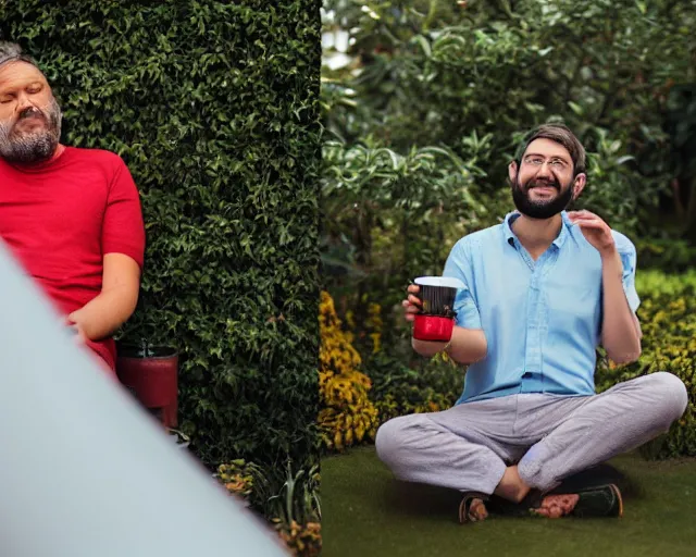 Prompt: mr robert is drinking fresh tea, smoke pot and meditate in a garden from spiral mug, detailed smiled face, short beard, golden hour closeup photo, red elegant shirt