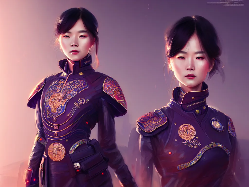 Image similar to portrait futuristic china police uniform female, at future neon light rooftop, ssci - fi and fantasy, intricate and very very beautiful and elegant, highly detailed, digital painting, artstation, concept art, smooth and sharp focus, illustration, art by tan zi and ayanamikodon and alphonse mucha and wlop