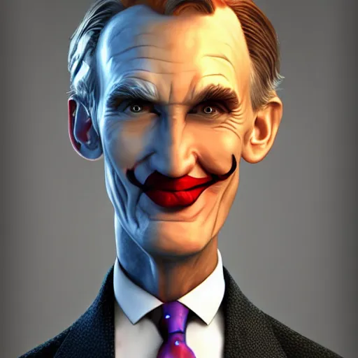 Prompt: uncanny valley portrait of bill nye cosplaying as the joker, artstation