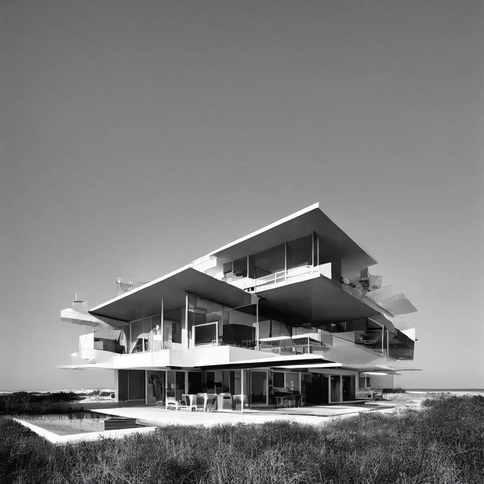 Image similar to architecture ad for a mid-century modern house on the beach, designed by Norman Foster. Film grain, cinematic, yellow hue