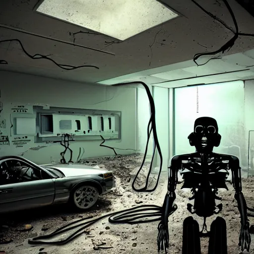 Image similar to photorealistic torso of a terminator with borg implants and a human face is hanging from cables and wires off the ceiling of an futuristic abandoned computer room and plugged into a quantum computer that's visible in the background. bottom half of the terminator's body is missing with cables sticking out. The Terminator is taking a sip from a cup of coffee. Tiny green led lights in the terminator's cybernetics. very detailed 8k. Cyberpunk horror style.