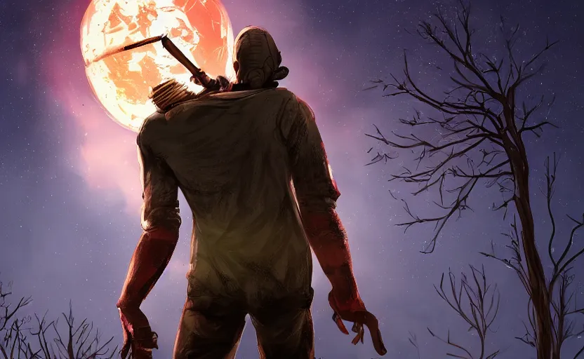 Image similar to view from behind a dead by daylight killer as he reaches up to a night sky, stars are aligning, character portrait, digital art