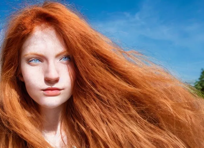 Image similar to close up portrait photograph of a anesthetic beautiful!!! thin young redhead woman with russian descent, sunbathed skin, symmetric face!! with deep blue ((Symmetric round eyes!! )) . Wavy long maroon colored hair. she looks directly at the camera. Slightly open mouth, face takes up half of the photo. a park visible in the background. 55mm nikon. Intricate. Very detailed 8k texture. Sharp. Cinematic post-processing. Award winning portrait photography. Sharp eyes.