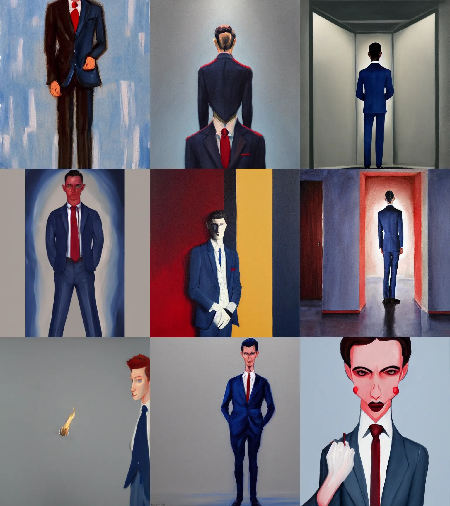 Prompt: a detailed painting of a pale man with short dark hair standing in a dark room being lit from behind, wearing a dark blue suit and a dark red tie. symmetrical, trending on artstation