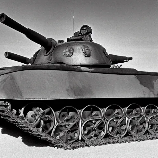 Image similar to historical photograph of a soviet t - 3 4 - 8 5 tank, taken in 1 9 5 0, black and white, soldiers smiling