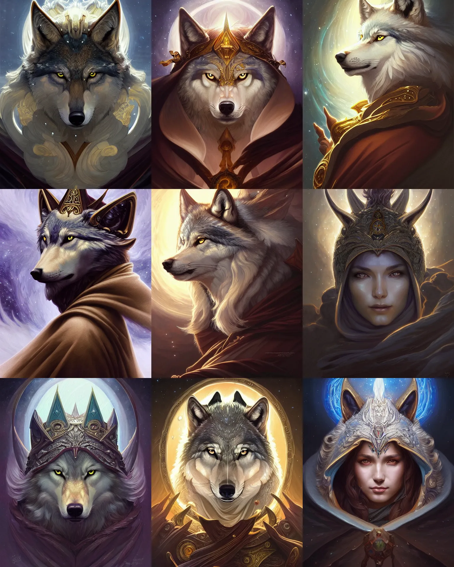 Prompt: a mind - blowing portrait of a celestial occult wolf, wizard hat, deep focus, d & d, fantasy, intricate, elegant, highly detailed, digital painting, artstation, concept art, matte, sharp, illustration, hearthstone, art by artgerm and greg rutkowski and alphonse mucha