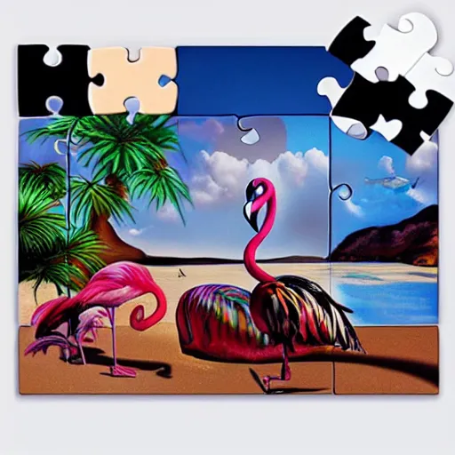 Image similar to A surreal oil painting of a puzzle containing a beautiful woman and Flamingos on a desert beach oasis by Salvador Dali, dark vibes, pastel lighting, high contrast, cinematic, depth of field