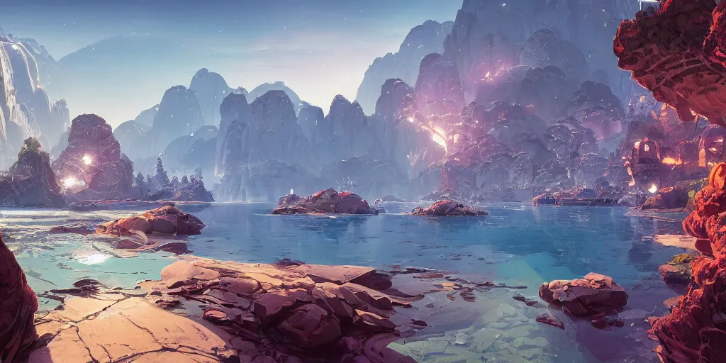 Image similar to a gleaming crystal archipelago in gta v, dry, salty, stephen bliss, unreal engine, illustration, fantasy art by greg rutkowski, loish, rhads, ferdinand knab, makoto shinkai and lois van baarle, ilya kuvshinov, rossdraws, tom bagshaw, global illumination, radiant light, detailed and intricate environment