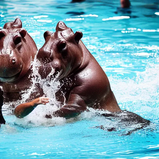 Image similar to hippopotamuses playing water polo against athletes. sports photograph.