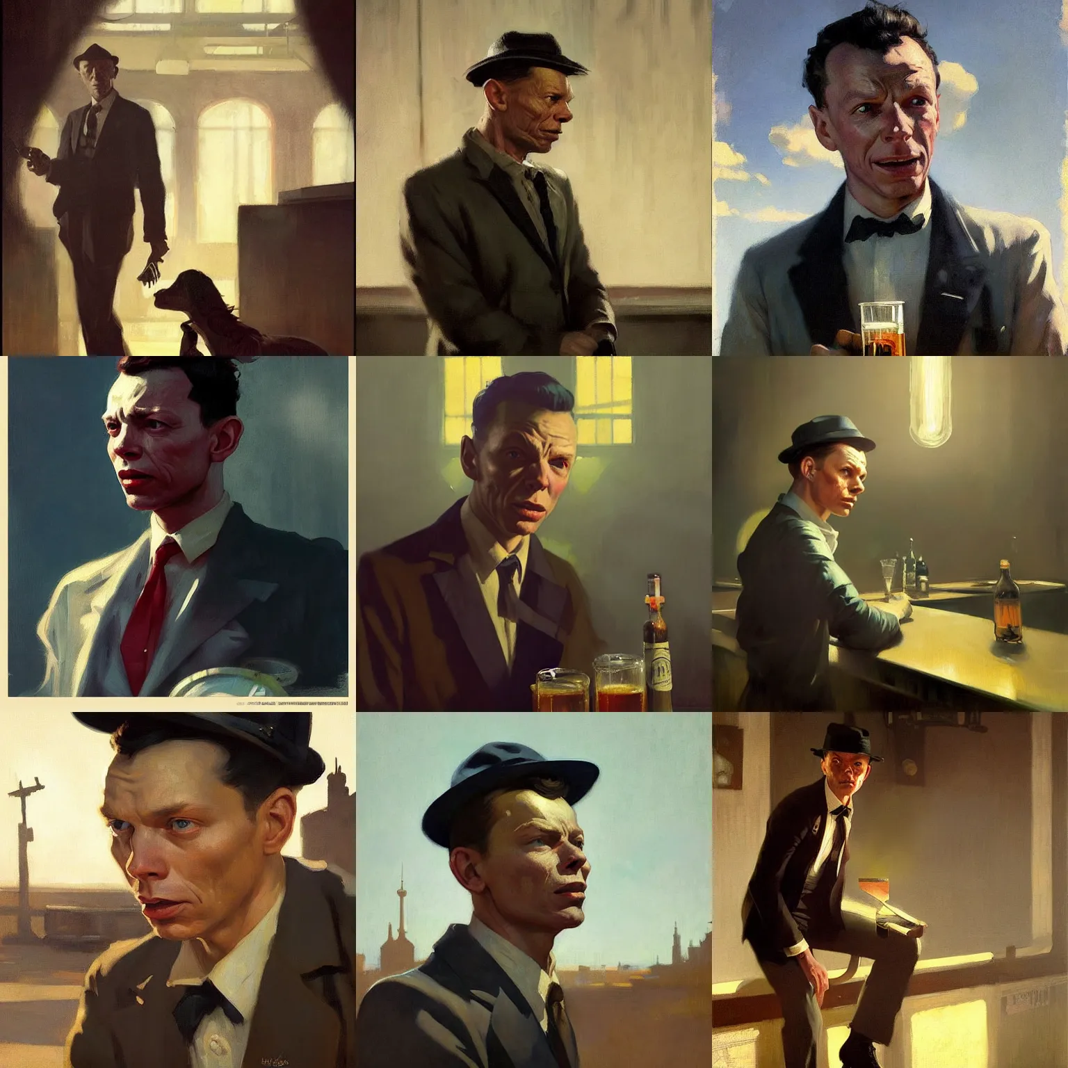 Prompt: young frank sinatra as a poor dystopian dieselpunk soviet bartender. art by greg rutkowski, gustave courbet, rosa bonheur, edward hopper. faithfully depicted facial expression, perfect anatomy, sharp focus, global illumination, radiant light, detailed and intricate environment, trending on artstation
