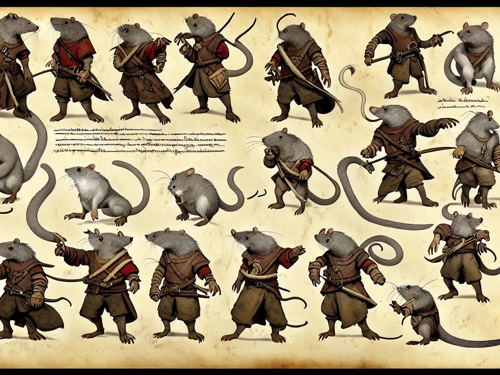 Image similar to character design sheet for a group of heroic rat pirates on a parchment background, redwall, greg rutowski and jean baptiste monge, very very detailed, epic fantasy concept art