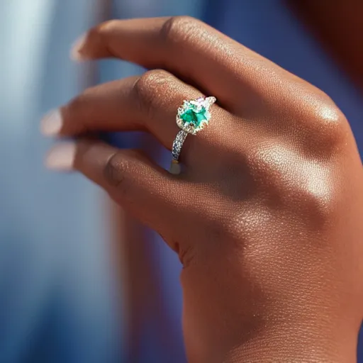 Prompt: A woman wearing a diamond ring with a gemstone as large as a basketball