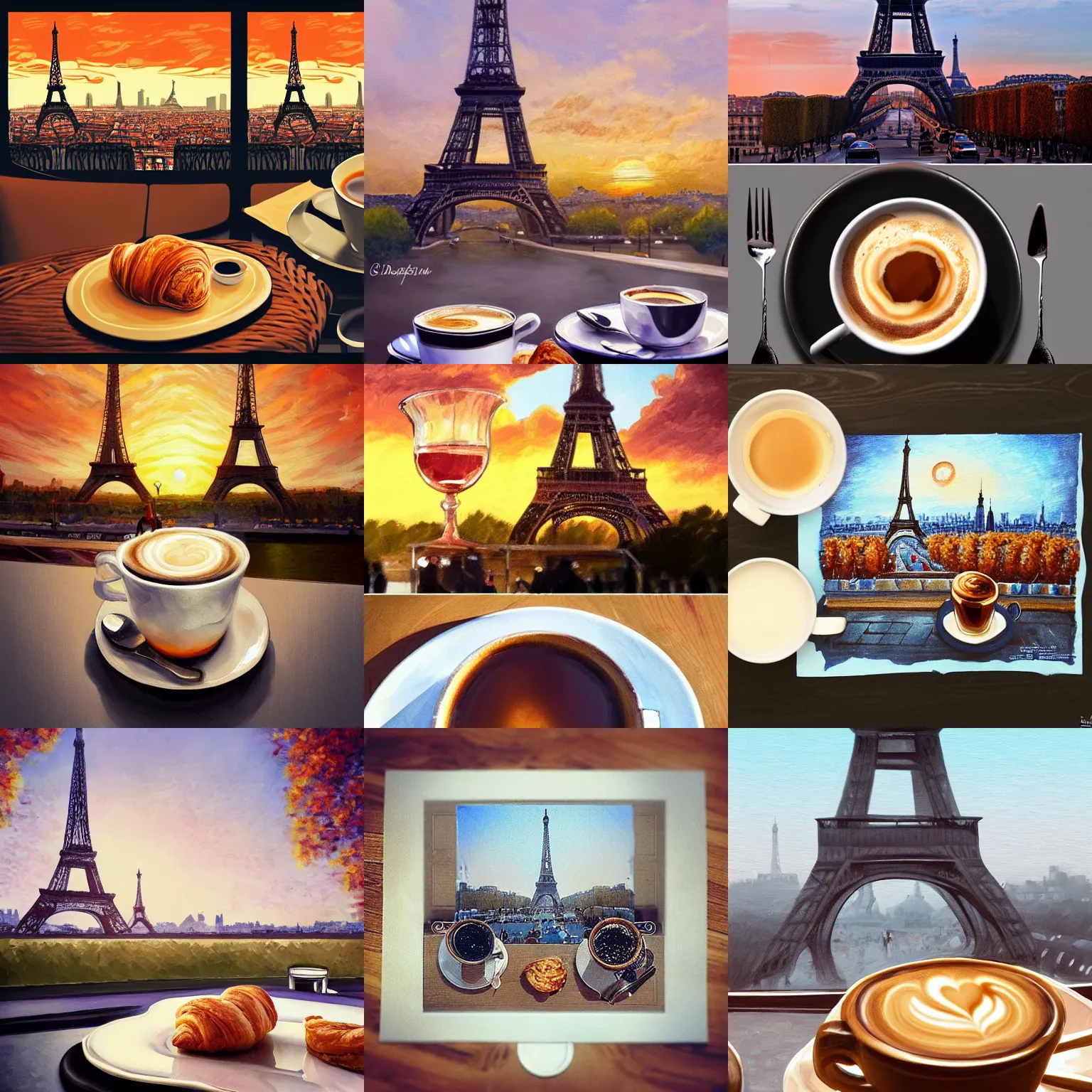 Prompt: a french breakfast with a croissant and a cup of coffee at a paris boulevard, eiffel tower in the background, sunrise, bright day, intricate, elegant, highly detailed, digital painting, artstation, concept art, matte, sharp focus