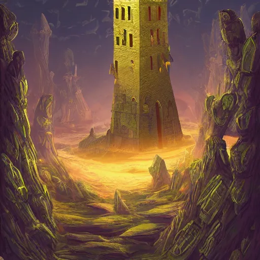 Prompt: azkhell's tower, a wizard tower full of traps and encounters. mysterous, cautious, adventurous, ancient. digital art, 8 k, lighting