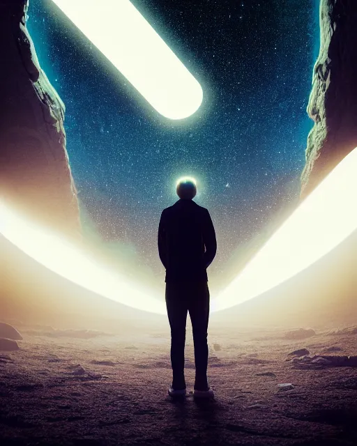 Image similar to a person standing in front of a glowy open door that's on a barren moon, poster art by mike winkelmann, trending on cg society, space art, sci - fi, ue 5, futuristic, volumetric lighting, light casting onto the ground, neat composition and camera angle